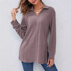 Women's Long Sleeve Shirt with Textured V-Neck and Ribbed Details