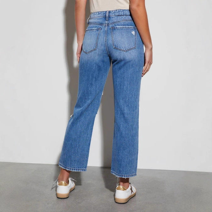 Women's High-Waist Jeans with Frayed Hem and Ripped Details