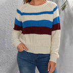 Women's Cotton Pullover with Modern Block Stripes and Crew Neck