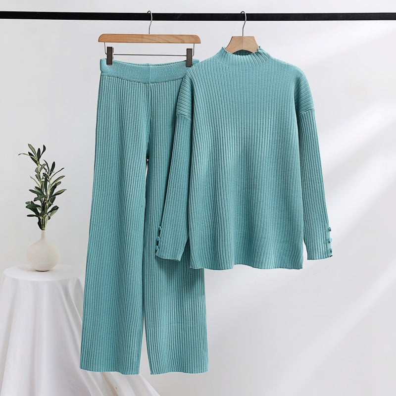 Women's Casual Knit Set with Stand-Up Collar and Button Details