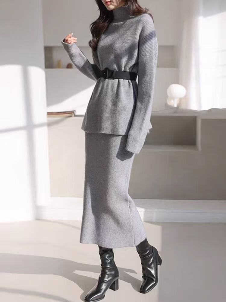Elegant Knit Outfit with Waist Belt