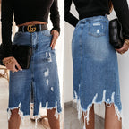 Women's Midi Skirt with Asymmetrical Hem and Destroyed Effects