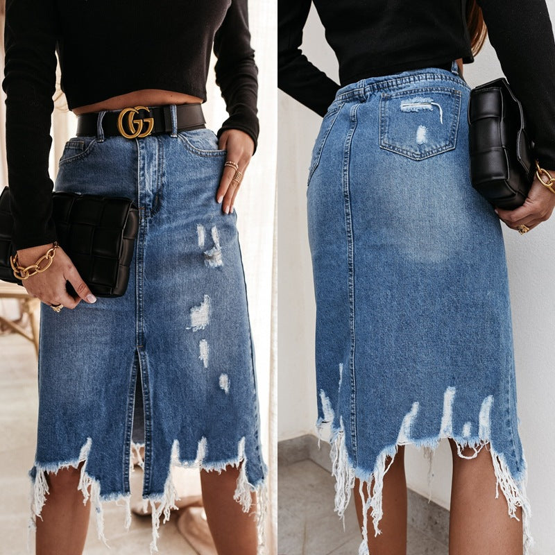 Women's Midi Skirt with Asymmetrical Hem and Destroyed Effects