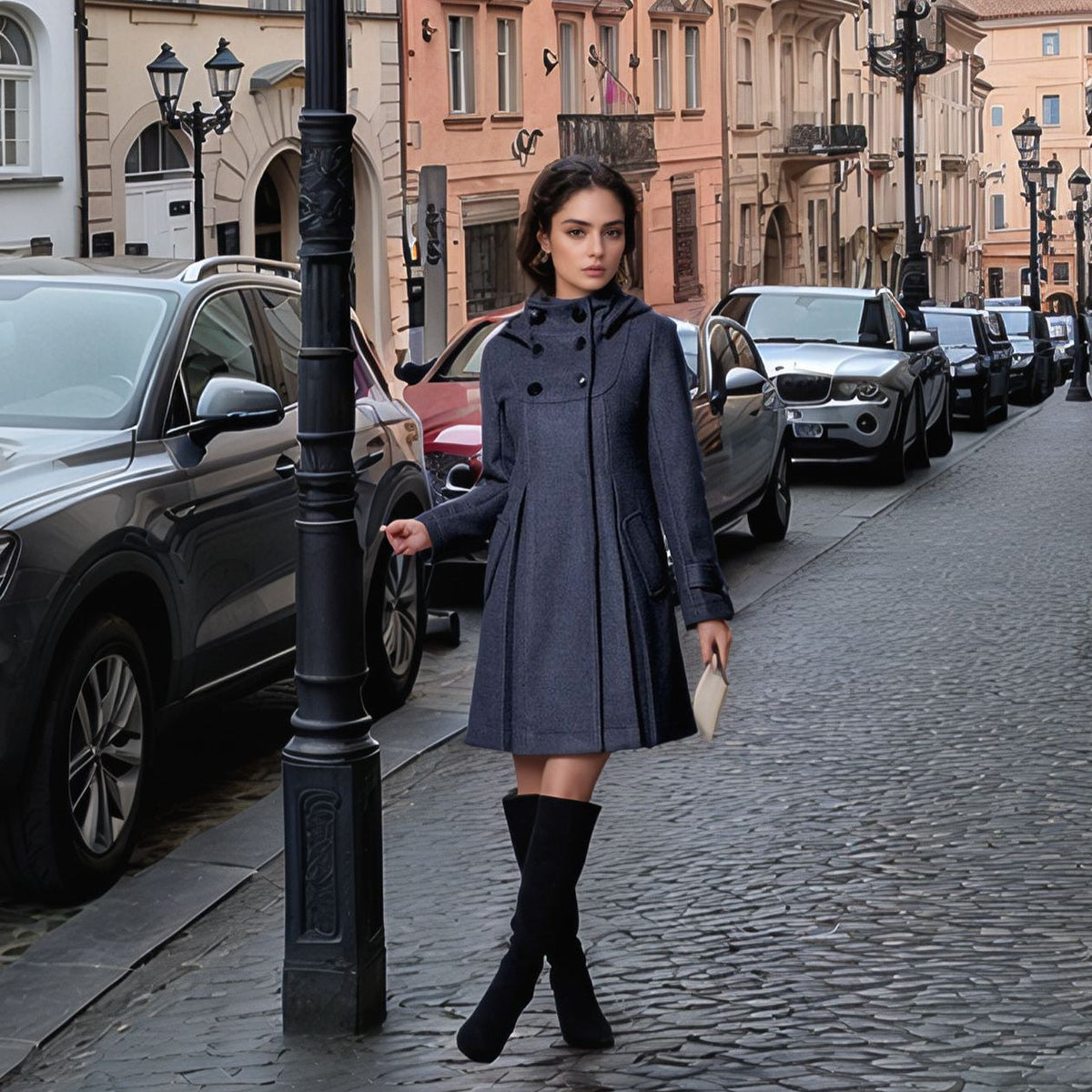 Women's Elegant Coat with High Collar and Functional Pockets