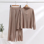 Casual Knit Ensemble with High Collar and Side Slits
