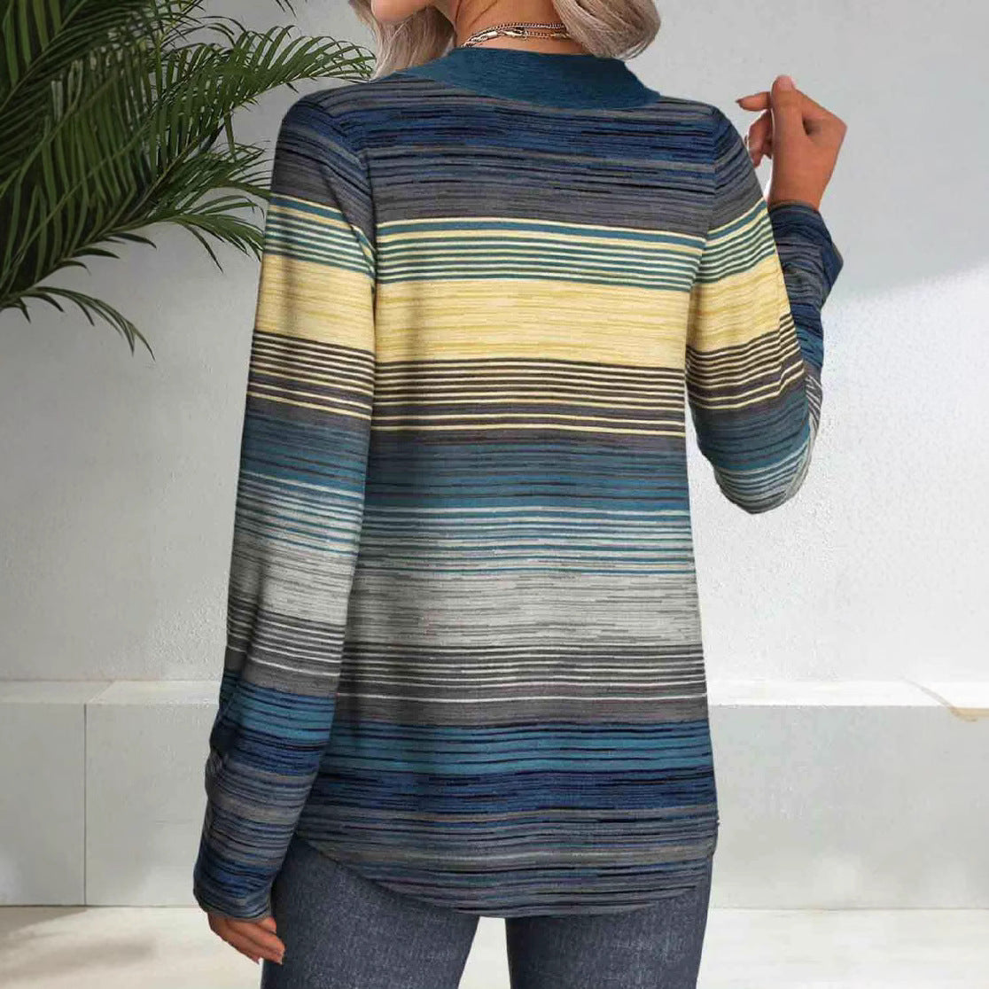 Women's Elegant Long-Sleeve Shirt with Modern Stripe Pattern and Button Details