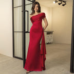 Women's Floor-Length Evening Dress with Asymmetric Cut and V-Neck