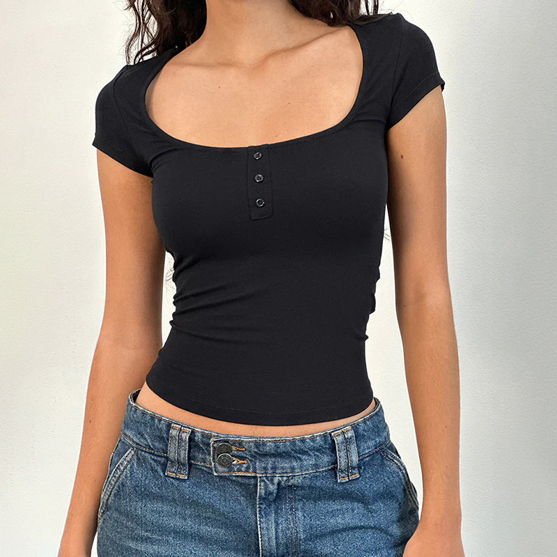Women's Fitted Short-Sleeve Shirt with Deep Round Neck and Button Placket