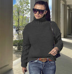 Women's Chunky Knit Sweater with High Collar and Textured Sleeves