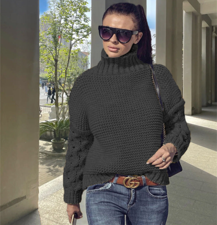 Women's Chunky Knit Sweater with High Collar and Textured Sleeves