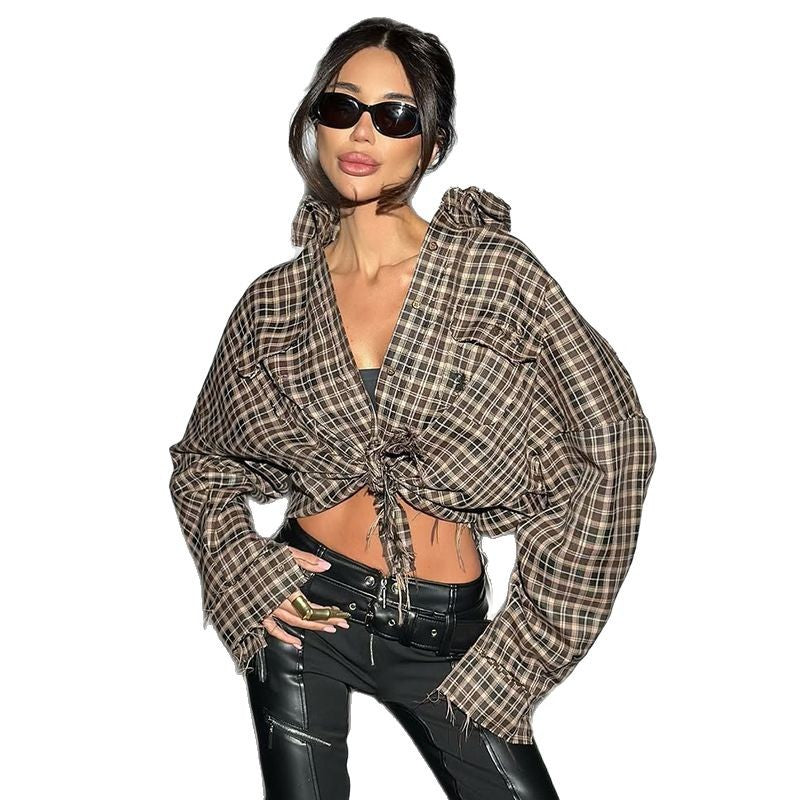 Women's Cropped Plaid Blouse