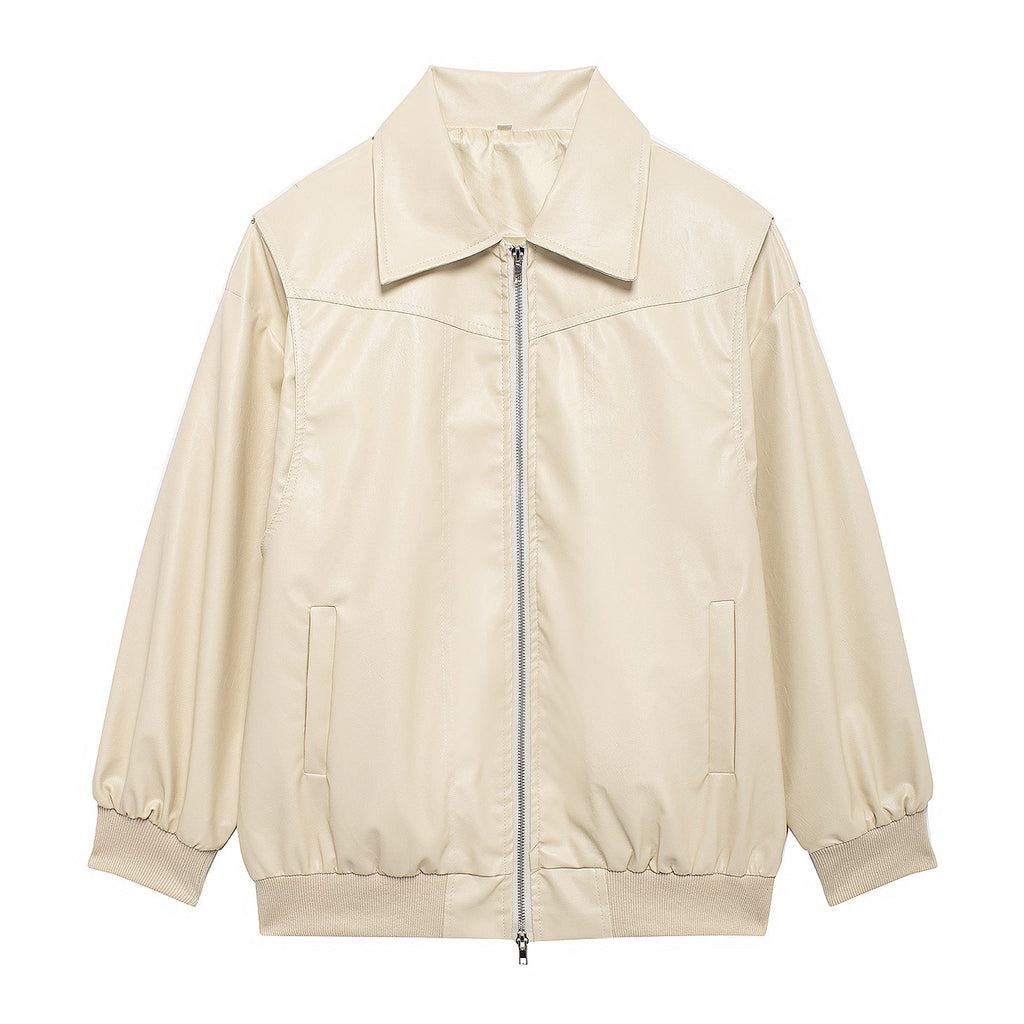 Women's Elegant Faux Leather Jacket with High Collar and Elastic Cuffs