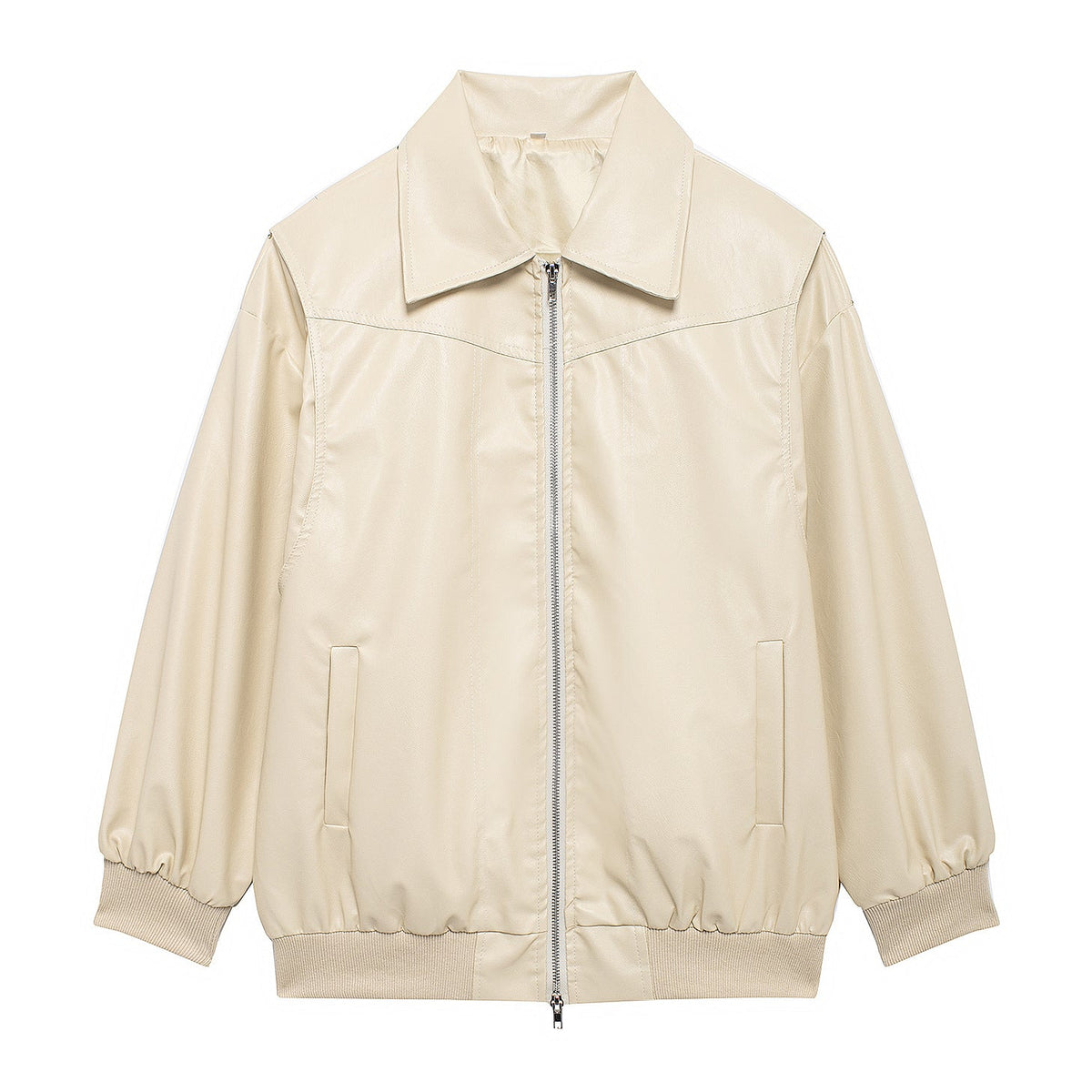 Women's Elegant Faux Leather Jacket with High Collar and Elastic Cuffs