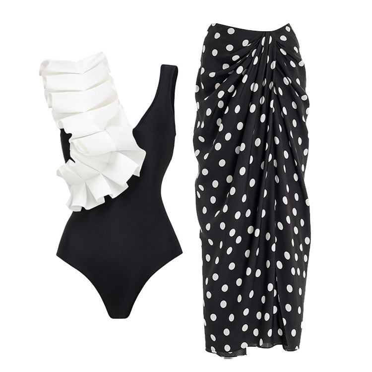 Women's Swimsuit Set with Fashionable Wrap Skirt and Elegant Ruffle Top