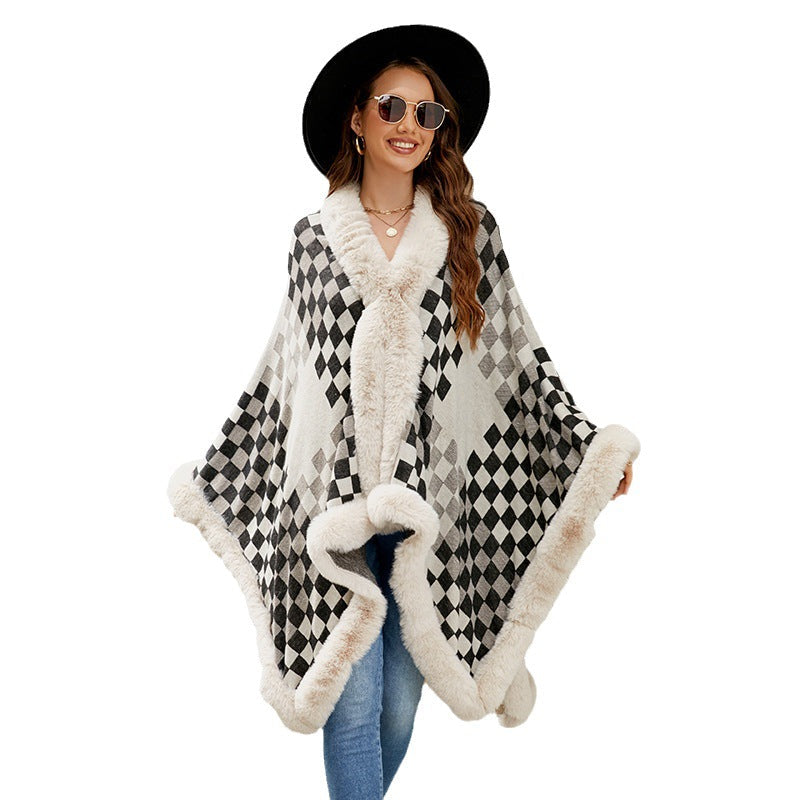 Women's Knit Poncho with Faux Fur Trim