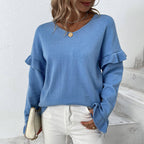 Women's Elegant Sweater with Ruffle Details and V-Neck