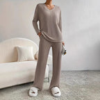 Comfortable Ribbed Knit Set with V-Neck
