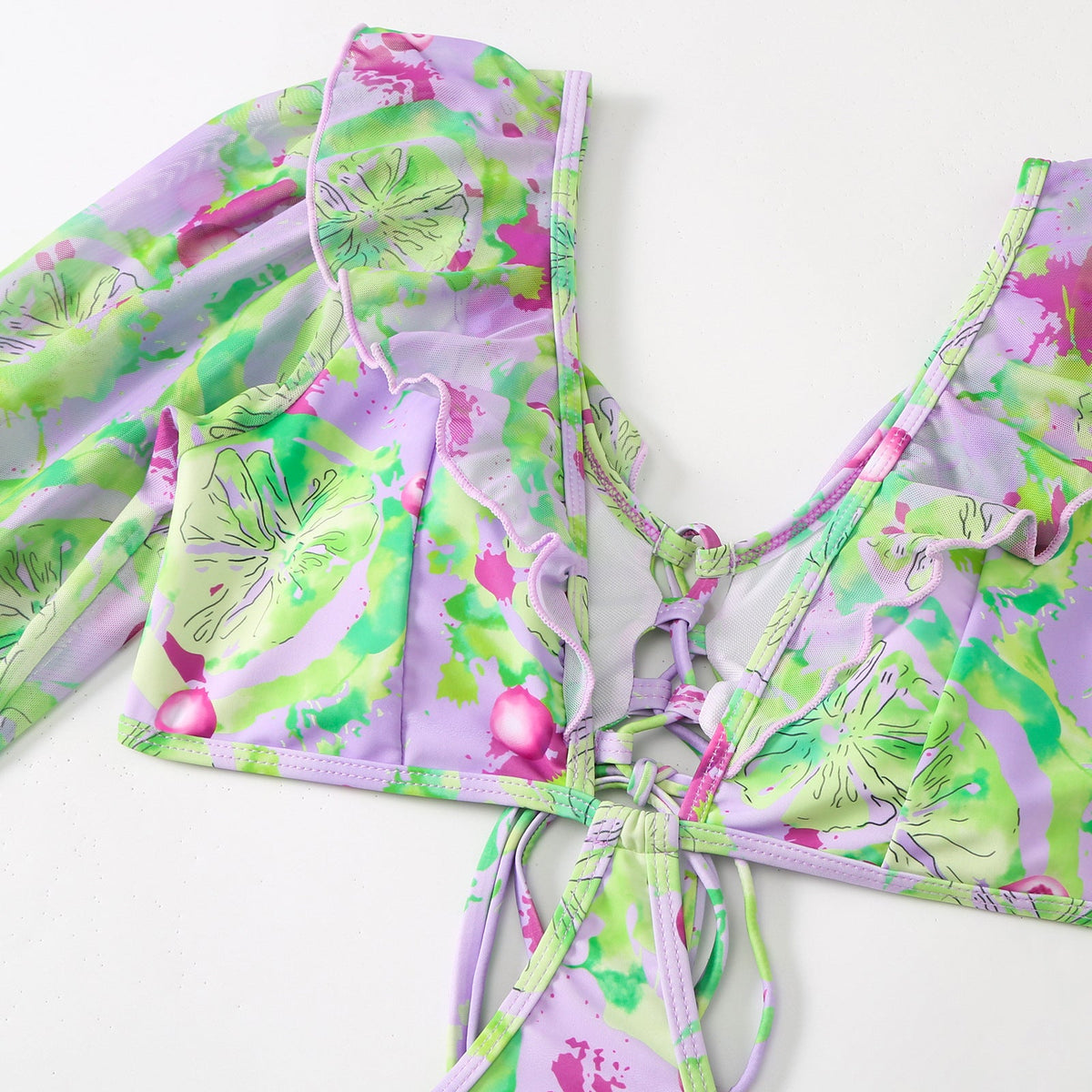 Women's Swimsuit Set with Voluminous Sleeves and Fashionable Wrap Skirt