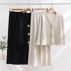 Women's Elegant Knit Loungewear Set with Wide Legs and Decorative Buttons