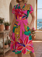 Women's Floral Midi Dress with Adjustable Belt