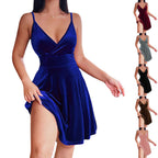 Women's Elegant Velvet A-Line Dress with Deep V-Neck and Side Slit