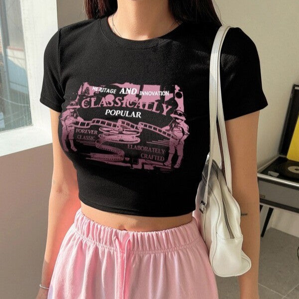 Women's Crop T-Shirt with Graphic Print and Star Design