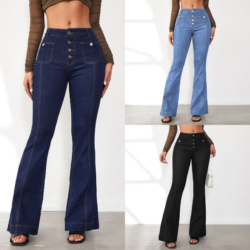 Women's High-Waisted Flared Jeans with Button Details