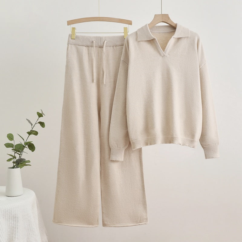 Women's Cozy Knit Loungewear Set with Wide-Cut Sweater and Pants