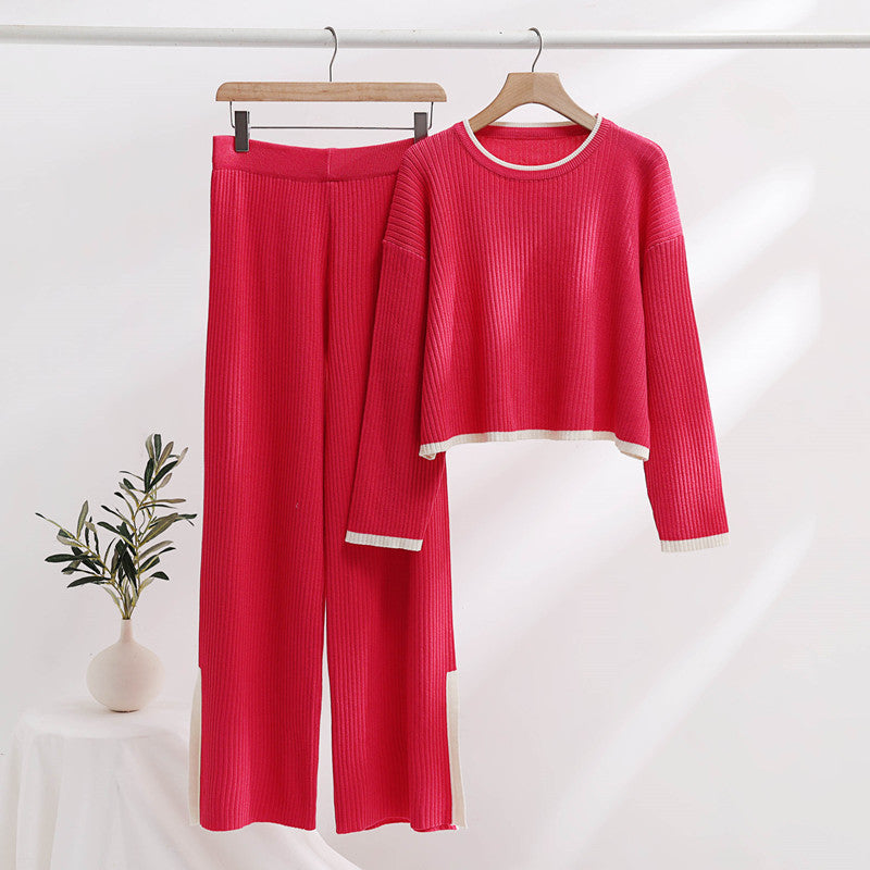 Women's Casual Knit Ensemble with High Waist and Contrast Cuffs
