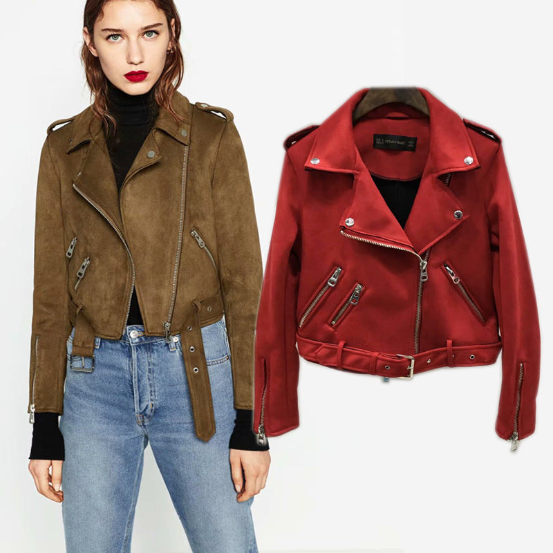 Women's Faux Suede Biker Jacket with Asymmetrical Zipper