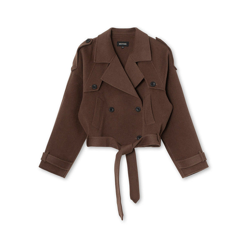 Women's Cropped Trench Jacket with Adjustable Belt and Double-Breasted Design
