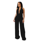 Elegant Deep-V Jumpsuit with Curved Back and Wide Legs