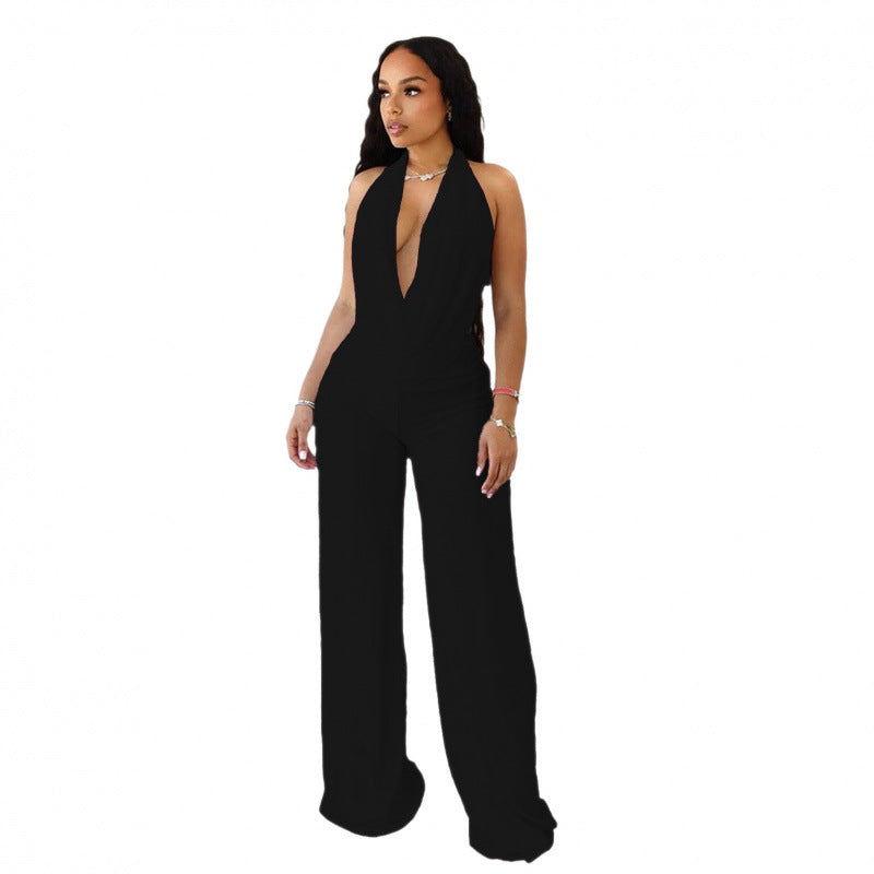 Elegant Deep-V Jumpsuit with Curved Back and Wide Legs