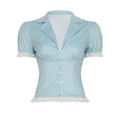 Women's Short Blouse with Ruffled Sleeves and Striped Pattern