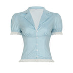 Women's Short Blouse with Ruffled Sleeves and Striped Pattern