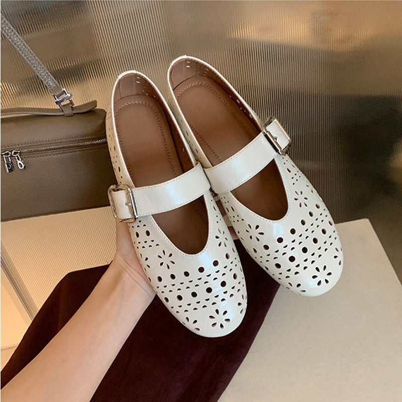 Women's Ballet Flats with Floral Cut-Outs and Adjustable Strap