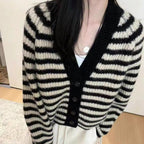 Women's Striped Cardigan with Wide Cut and Button Details
