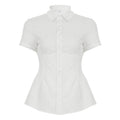Women's Form-Fitting Short Sleeve Blouse with Ruching and Button Details