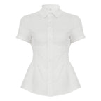 Women's Form-Fitting Short Sleeve Blouse with Ruching and Button Details