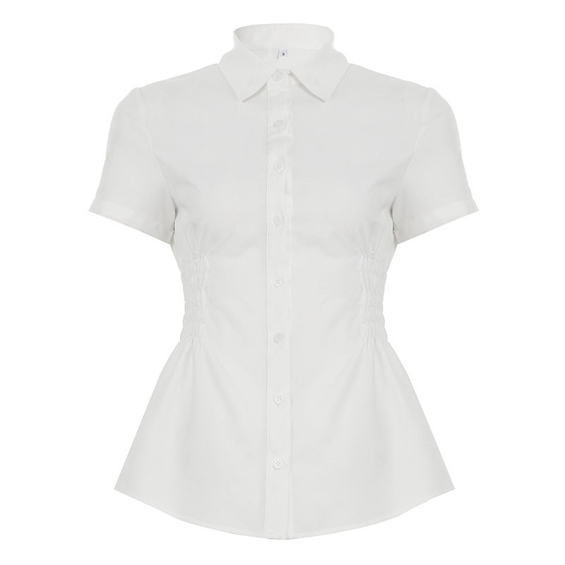 Women's Form-Fitting Short Sleeve Blouse with Ruching and Button Details