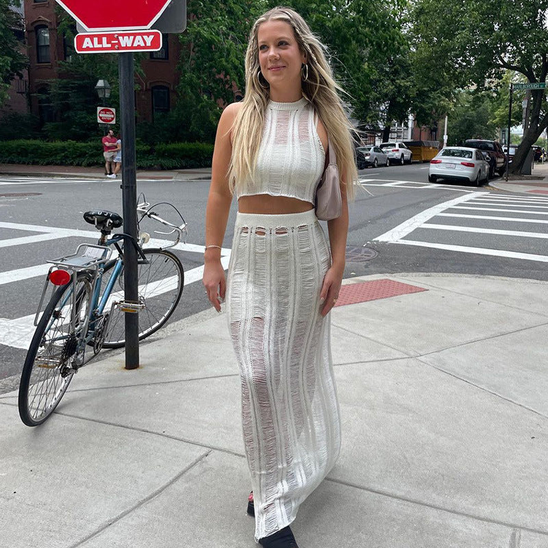 Women's Crocheted Crop Top and Maxi Skirt Set