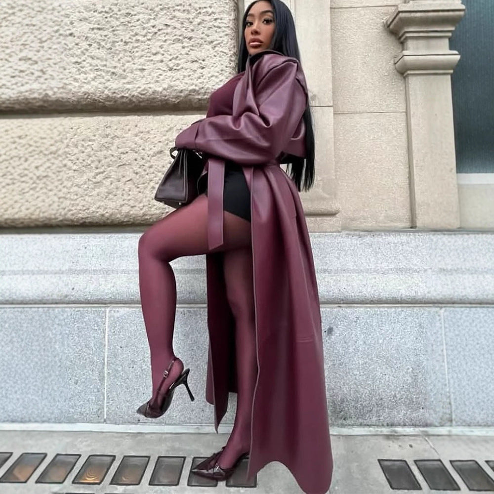Elegant Faux Leather Jacket with Voluminous Sleeves and Waist Belt