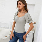 Women's Bodysuit with Puff Sleeves and Ruching