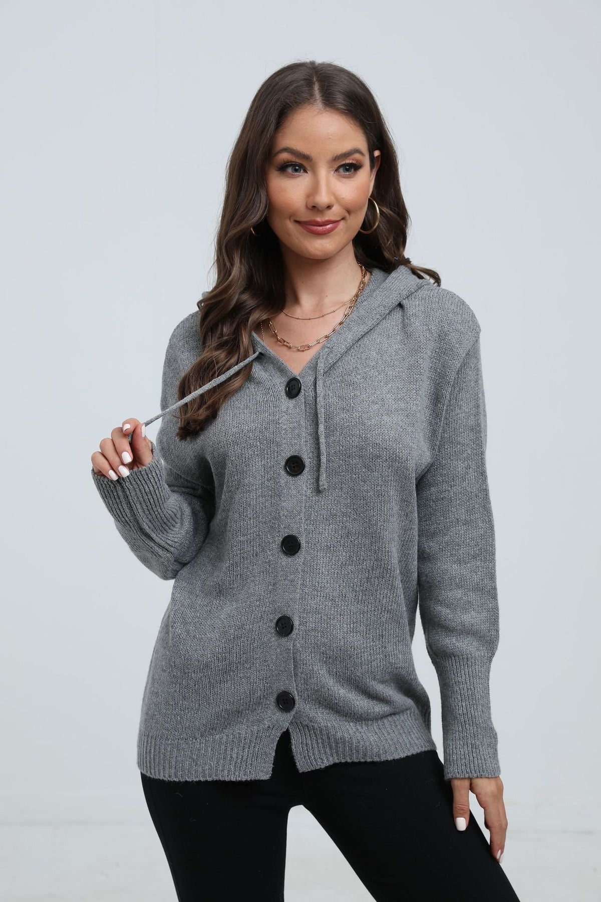 Women's Fashionable Knit Coat with Hood and Decorative Button Details