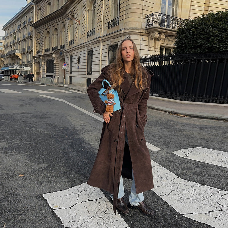 Women's Elegant Long Suede Trench Coat