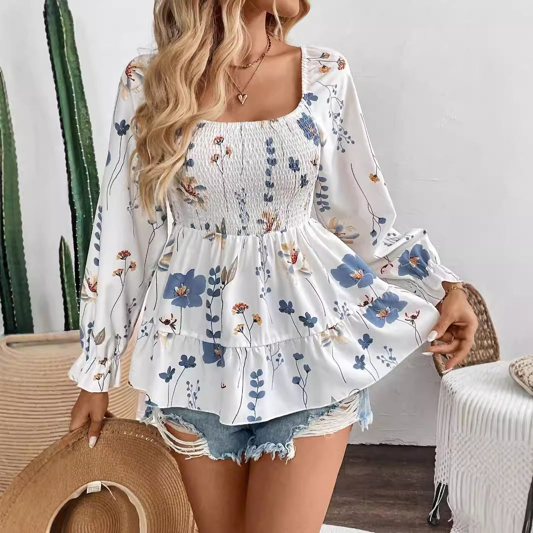 Women's Blouse with Floral Patterns and Voluminous Sleeves
