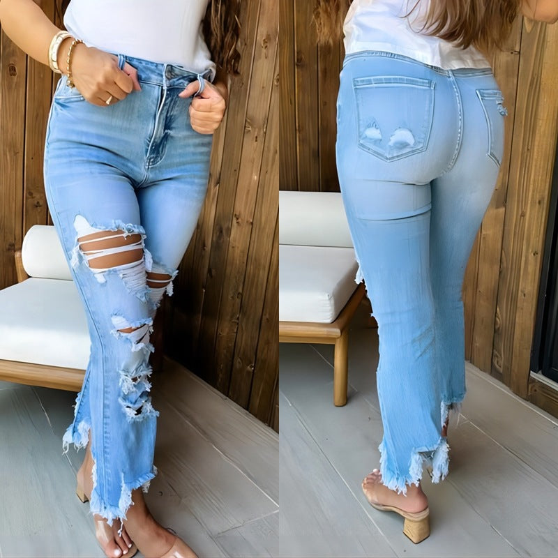 Women's High-Waisted Flared Jeans with Distressed Details