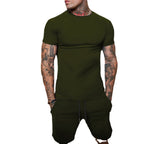 Men's slim Jersey set with round neck shirt and elastic drawstring shorts
