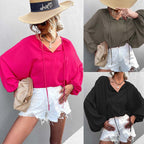 Women's Airy Blouse with Wide Sleeves and Bow Detail