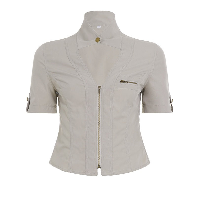 Women's Short-Sleeve Blouse with Refined Collar and Zipper